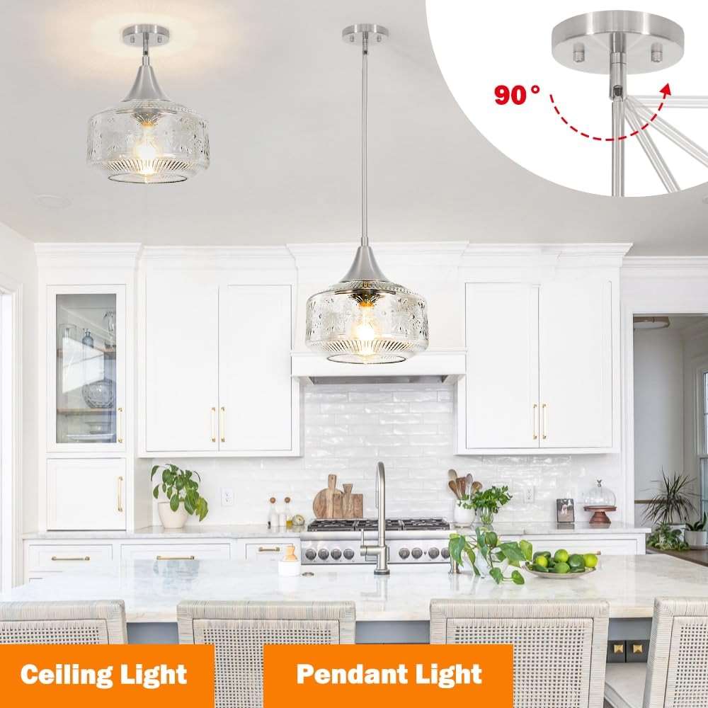 Brushed Nickel Pendant Light, Pendant Lights Kitchen Island with Large Globe Glass Lampshade, Pendant Light Fixtures with Adjustable Cable, Hanging Light for Dining Room Bathroom Bedroom, E26 Base - Image 3