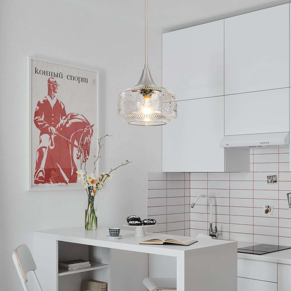 Brushed Nickel Pendant Light, Pendant Lights Kitchen Island with Large Globe Glass Lampshade, Pendant Light Fixtures with Adjustable Cable, Hanging Light for Dining Room Bathroom Bedroom, E26 Base - Image 5