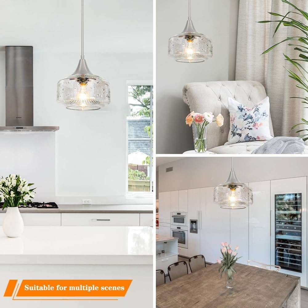 Brushed Nickel Pendant Light, Pendant Lights Kitchen Island with Large Globe Glass Lampshade, Pendant Light Fixtures with Adjustable Cable, Hanging Light for Dining Room Bathroom Bedroom, E26 Base - Image 6