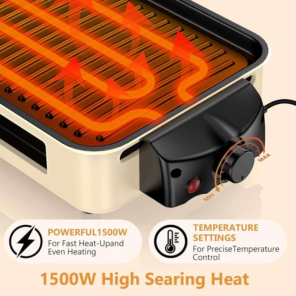 Electric Indoor Grill 1500W -2 in 1 Smokeless Indoor Grill for Kitchen with Non-stick Removable Grill & Griddle Plate,Temperature Control Korean BBQ Grill with 3 Cheese Pans Dishwasher Safe - Image 4