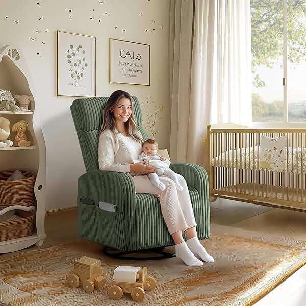 Yaheetech 360° Swivel Glider Chair for Nursery, Rocking Chair Nursing Chair with Side Pockets, Corduroy Glider for Living Room with High Back Dark Green - Image 2