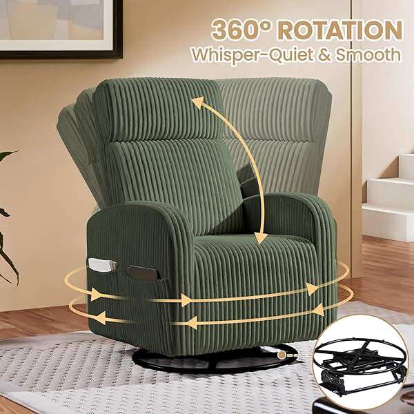 Yaheetech 360° Swivel Glider Chair for Nursery, Rocking Chair Nursing Chair with Side Pockets, Corduroy Glider for Living Room with High Back Dark Green - Image 4