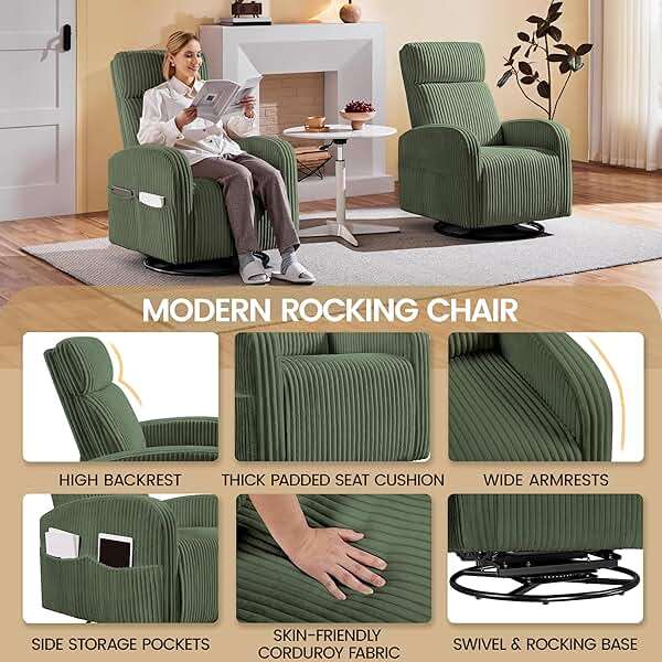 Yaheetech 360° Swivel Glider Chair for Nursery, Rocking Chair Nursing Chair with Side Pockets, Corduroy Glider for Living Room with High Back Dark Green - Image 5