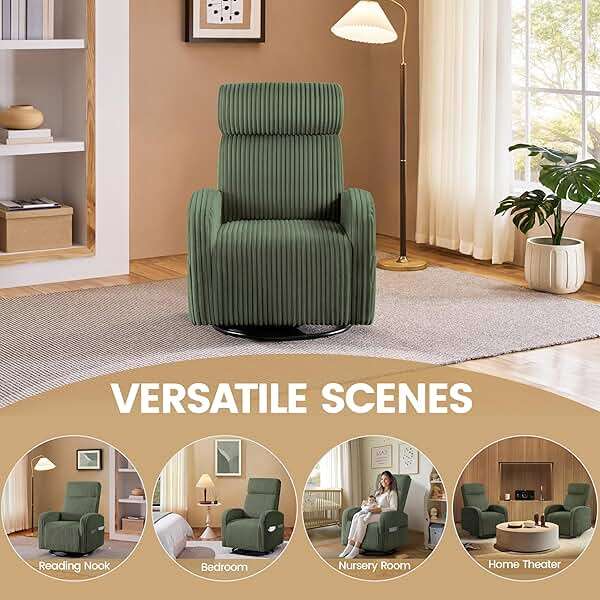 Yaheetech 360° Swivel Glider Chair for Nursery, Rocking Chair Nursing Chair with Side Pockets, Corduroy Glider for Living Room with High Back Dark Green - Image 7