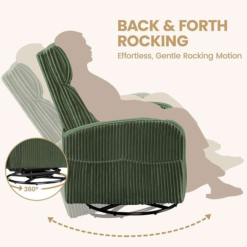 Yaheetech 360° Swivel Glider Chair for Nursery, Rocking Chair Nursing Chair with Side Pockets, Corduroy Glider for Living Room with High Back Dark Green - Image 9
