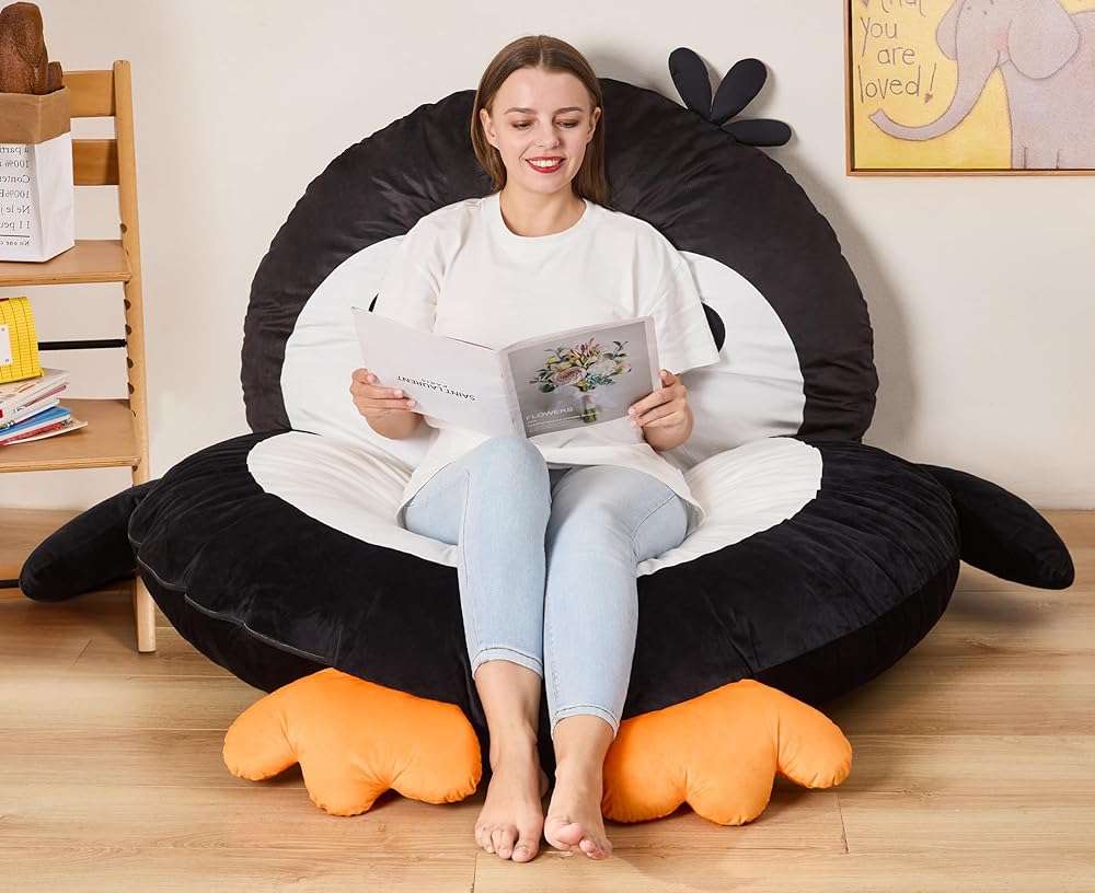 Hobestluk Bean Bag Chairs Bean Bag Floor Cushion, Bean Bag Chair for Adults Beanbag Lounger for Living Room Bedroom or Playroom (Black, Large, Penguin) - Image 1