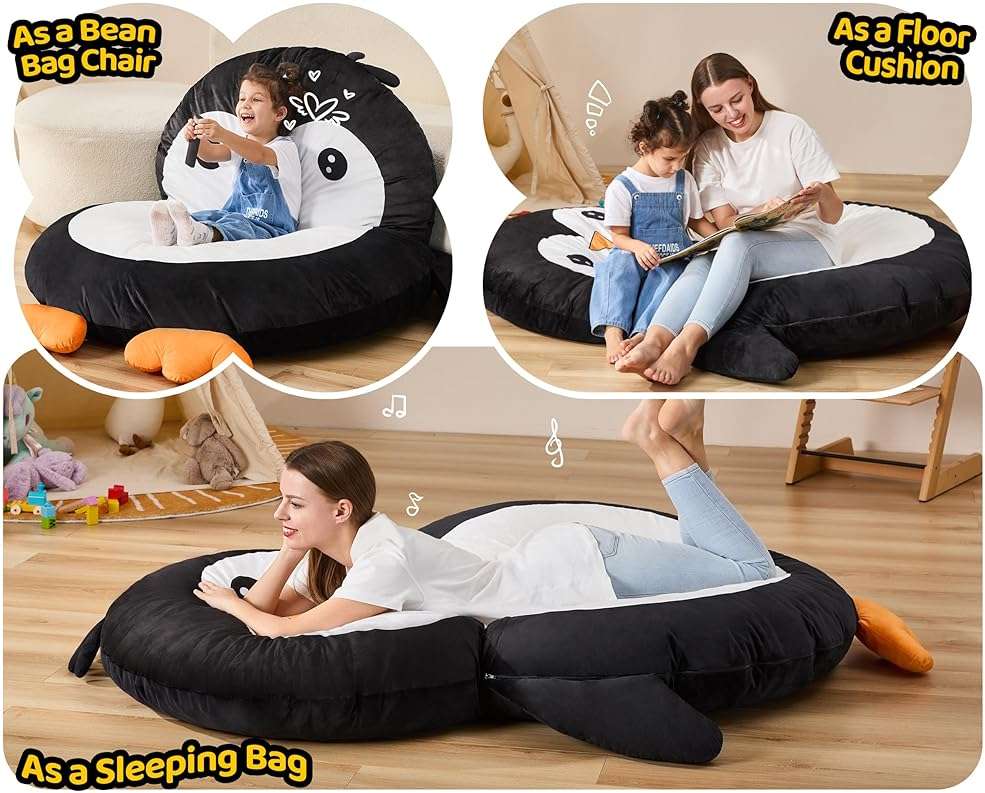 Hobestluk Bean Bag Chairs Bean Bag Floor Cushion, Bean Bag Chair for Adults Beanbag Lounger for Living Room Bedroom or Playroom (Black, Large, Penguin) - Image 4