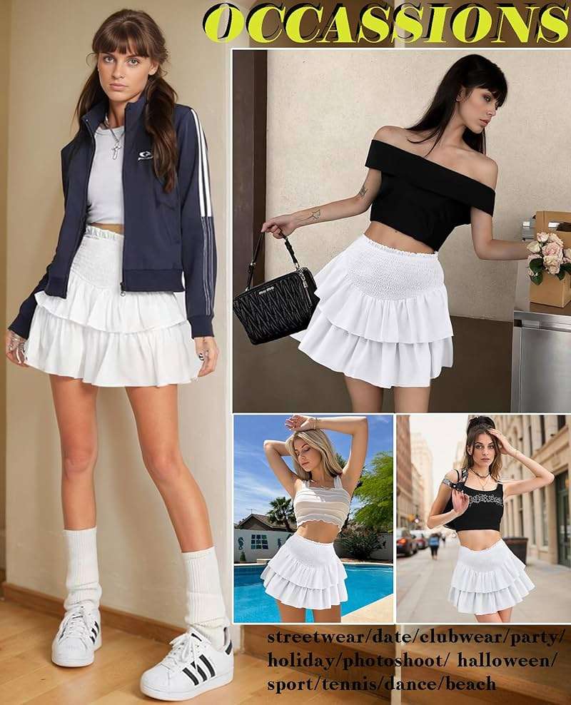Avidlove Womens High Waist Ruffle Flowy Mini Skirts Casual Boho Layered Pleated Beach Short Skirt - Image 3