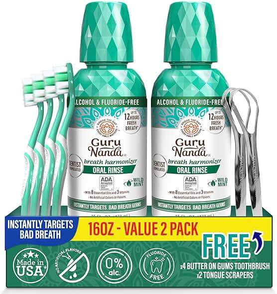 GuruNanda Fresh Breath Mouthwash – 12-Hour Fresh Breath & Helps Fight Bad Breath – ADA Accepted, Alcohol & Fluoride-Free Oral Rinse, Wild Mint - 16 oz, Pack of 2 - Image 1