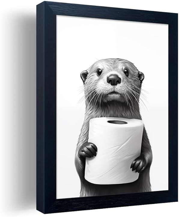Bathroom Picture Wall Decor, Framed Black and White Bathroom Wall Art, Toilet Paper in Little Funny Raccoon's Hand Animal Canvas Print Painting - Image 1