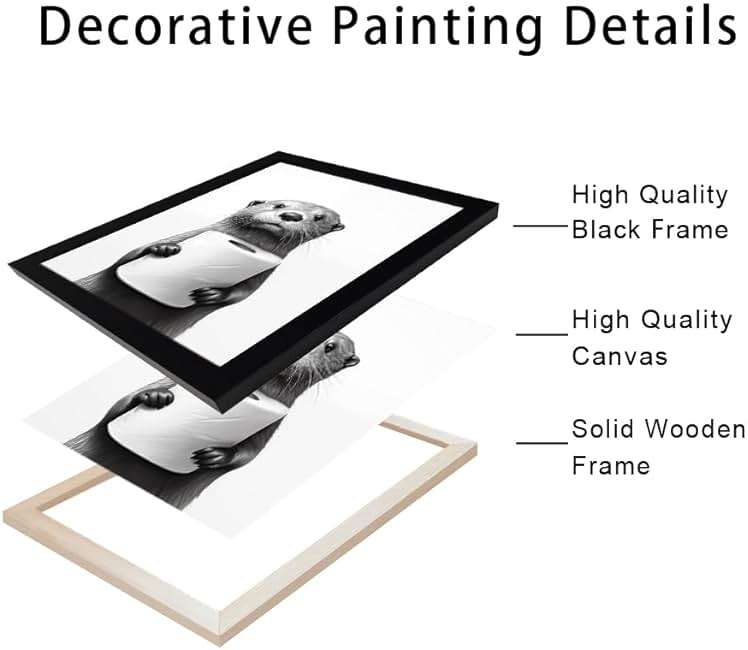 Bathroom Picture Wall Decor, Framed Black and White Bathroom Wall Art, Toilet Paper in Little Funny Raccoon's Hand Animal Canvas Print Painting - Image 3