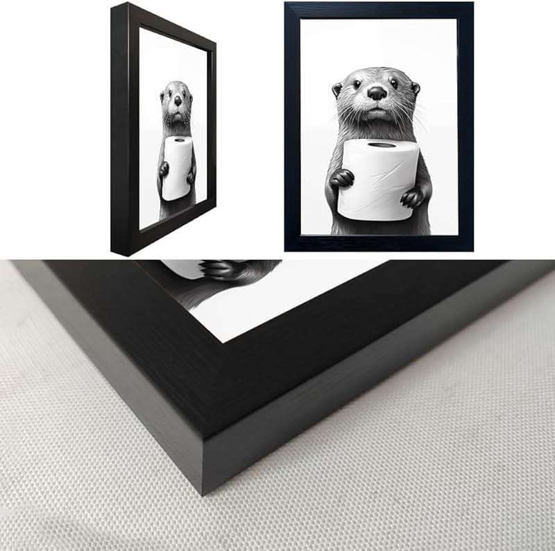 Bathroom Picture Wall Decor, Framed Black and White Bathroom Wall Art, Toilet Paper in Little Funny Raccoon's Hand Animal Canvas Print Painting - Image 4