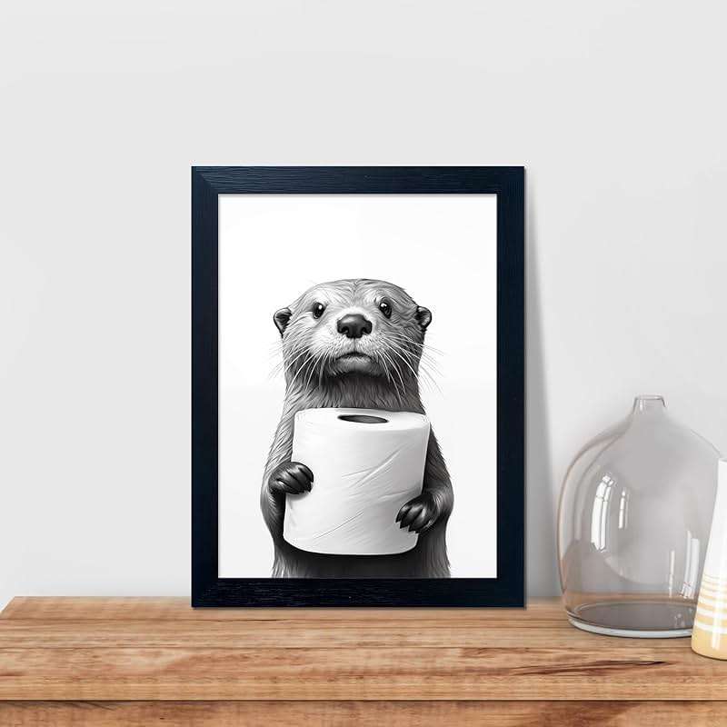 Bathroom Picture Wall Decor, Framed Black and White Bathroom Wall Art, Toilet Paper in Little Funny Raccoon's Hand Animal Canvas Print Painting - Image 6
