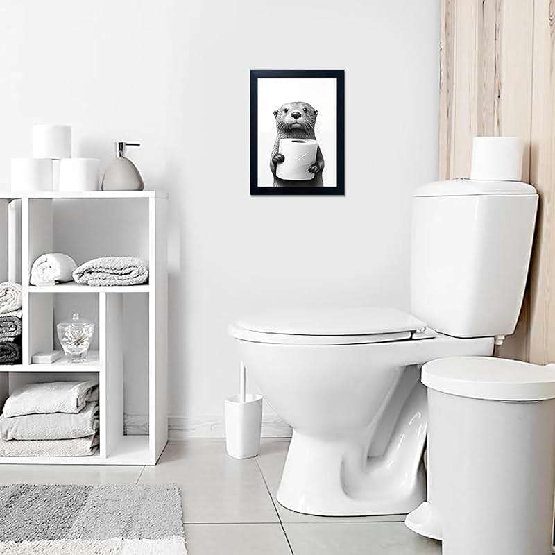 Bathroom Picture Wall Decor, Framed Black and White Bathroom Wall Art, Toilet Paper in Little Funny Raccoon's Hand Animal Canvas Print Painting - Image 7