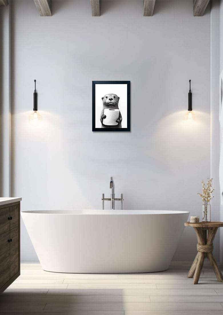 Bathroom Picture Wall Decor, Framed Black and White Bathroom Wall Art, Toilet Paper in Little Funny Raccoon's Hand Animal Canvas Print Painting - Image 8