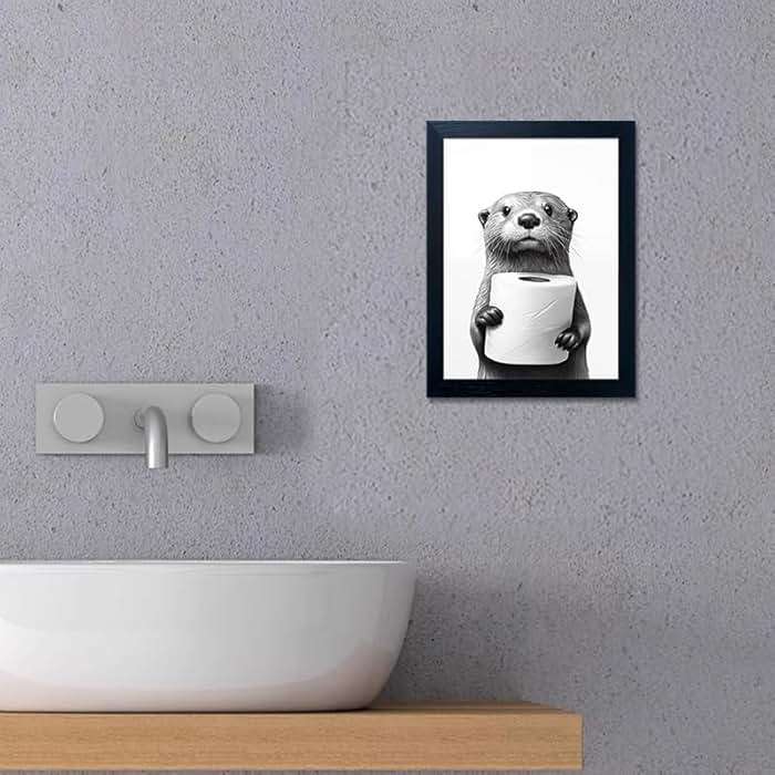 Bathroom Picture Wall Decor, Framed Black and White Bathroom Wall Art, Toilet Paper in Little Funny Raccoon's Hand Animal Canvas Print Painting - Image 9