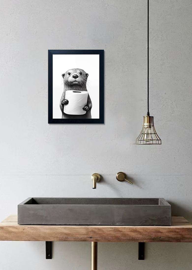 Bathroom Picture Wall Decor, Framed Black and White Bathroom Wall Art, Toilet Paper in Little Funny Raccoon's Hand Animal Canvas Print Painting - Image 10