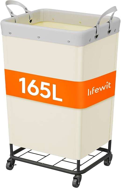 Lifewit 165L Laundry Basket with Wheels, Large Heavy Duty Commercial Rolling Laundry Hamper with Handles, Tall Steel Frame Laundry Cart for Laundry Room Bedroom Hotel Home Dorm, White - Image 1
