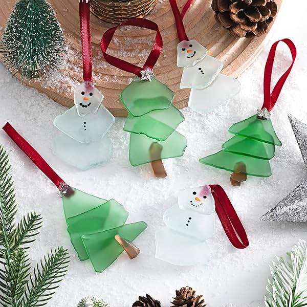 Zhehao 6 Pcs Christmas Tree Ornaments Sea Glass Christmas Tree and Sea Glass Snowman Crystal Xmas Craft Hanging Decoration Ocean Beach Seaglass Ornament Set for Xmas Party Home Decor - Image 1