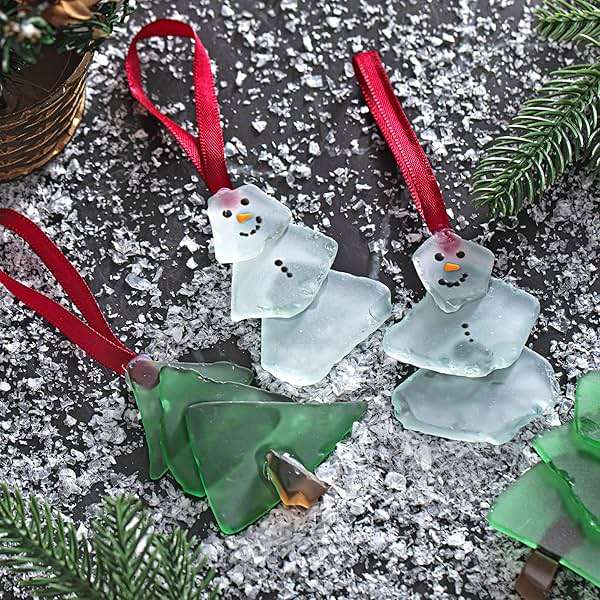 Zhehao 6 Pcs Christmas Tree Ornaments Sea Glass Christmas Tree and Sea Glass Snowman Crystal Xmas Craft Hanging Decoration Ocean Beach Seaglass Ornament Set for Xmas Party Home Decor - Image 2