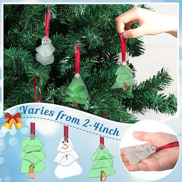 Zhehao 6 Pcs Christmas Tree Ornaments Sea Glass Christmas Tree and Sea Glass Snowman Crystal Xmas Craft Hanging Decoration Ocean Beach Seaglass Ornament Set for Xmas Party Home Decor - Image 3