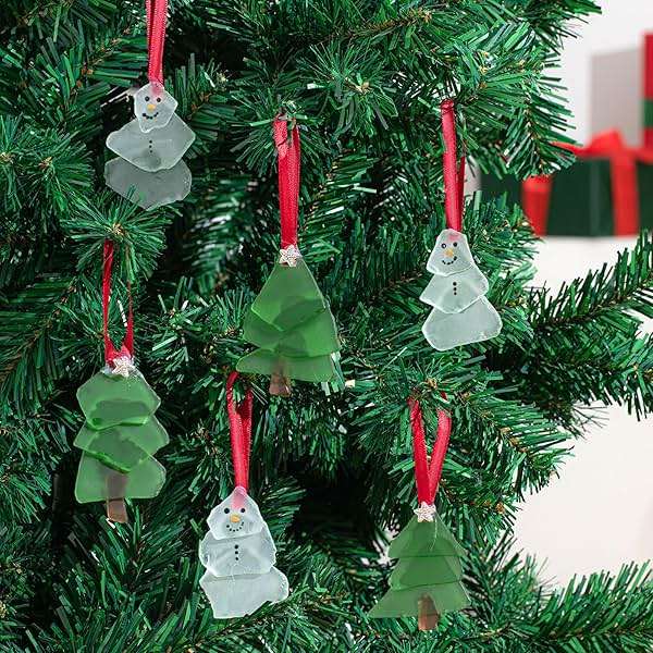 Zhehao 6 Pcs Christmas Tree Ornaments Sea Glass Christmas Tree and Sea Glass Snowman Crystal Xmas Craft Hanging Decoration Ocean Beach Seaglass Ornament Set for Xmas Party Home Decor - Image 4