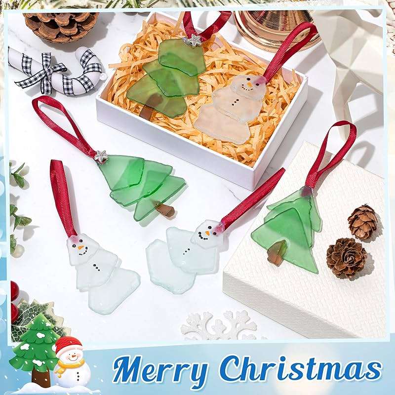 Zhehao 6 Pcs Christmas Tree Ornaments Sea Glass Christmas Tree and Sea Glass Snowman Crystal Xmas Craft Hanging Decoration Ocean Beach Seaglass Ornament Set for Xmas Party Home Decor - Image 5