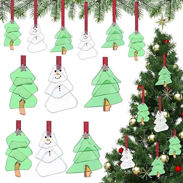 Zhehao 6 Pcs Christmas Tree Ornaments Sea Glass Christmas Tree and Sea Glass Snowman Crystal Xmas Craft Hanging Decoration Ocean Beach Seaglass Ornament Set for Xmas Party Home Decor - Image 6