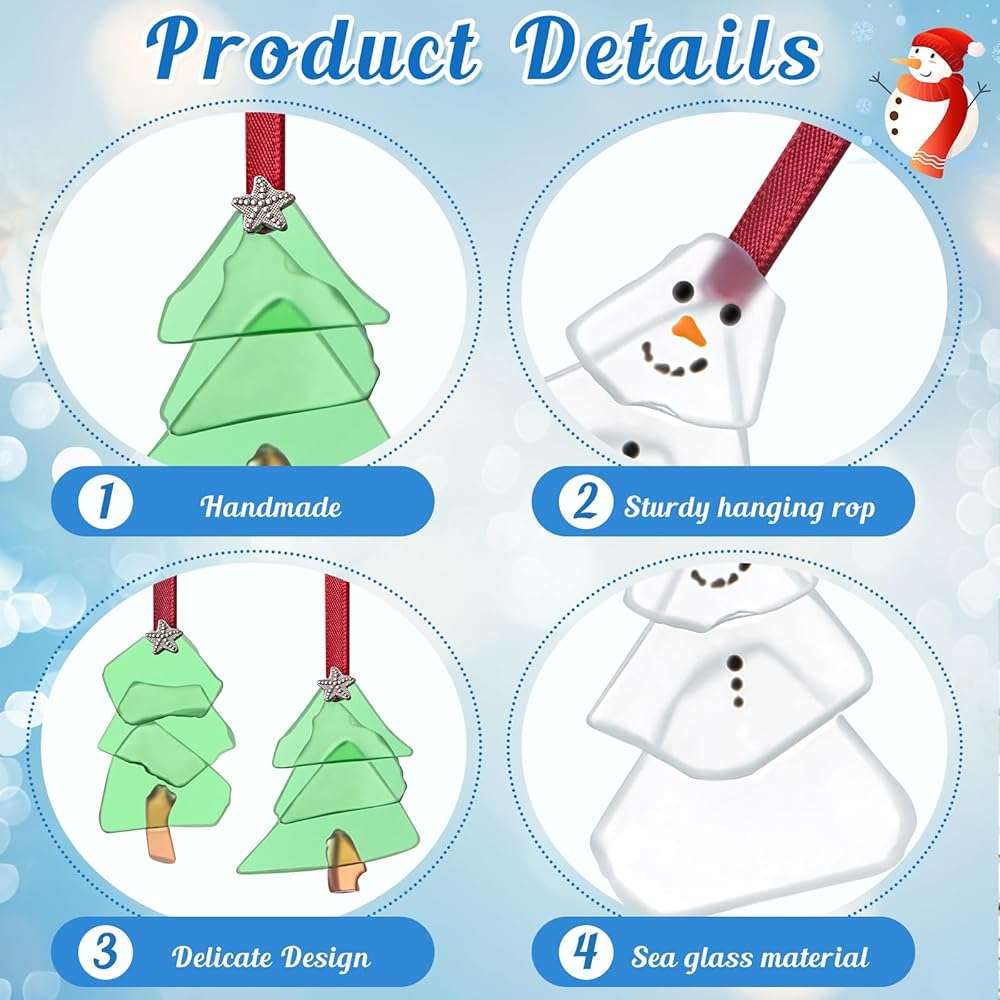 Zhehao 6 Pcs Christmas Tree Ornaments Sea Glass Christmas Tree and Sea Glass Snowman Crystal Xmas Craft Hanging Decoration Ocean Beach Seaglass Ornament Set for Xmas Party Home Decor - Image 8