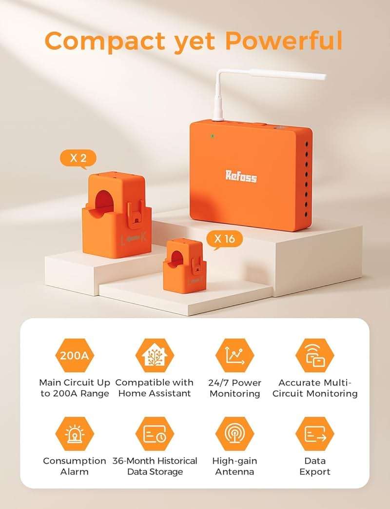 Smart Home Energy Monitor Supports Home Assistant, Real-Time Accurate Energy Consumption Tracking, Electricity Usage Monitor with 16x60A Circuit Sensors, 36-Month History, Solar Metering, 2.4G - Image 4