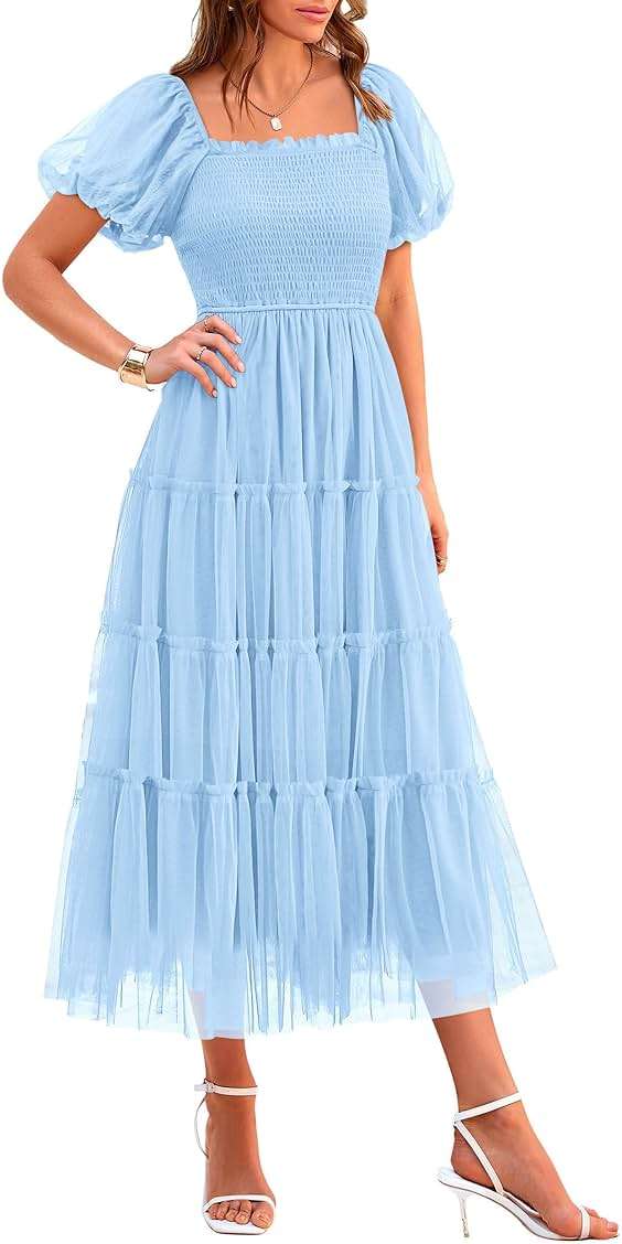 PRETTYGARDEN Women's Smocked Midi Tulle Dress 2026 Summer Puffy Short Sleeve Square Neck Ruffle Wedding Guest Party Dresses - Image 1