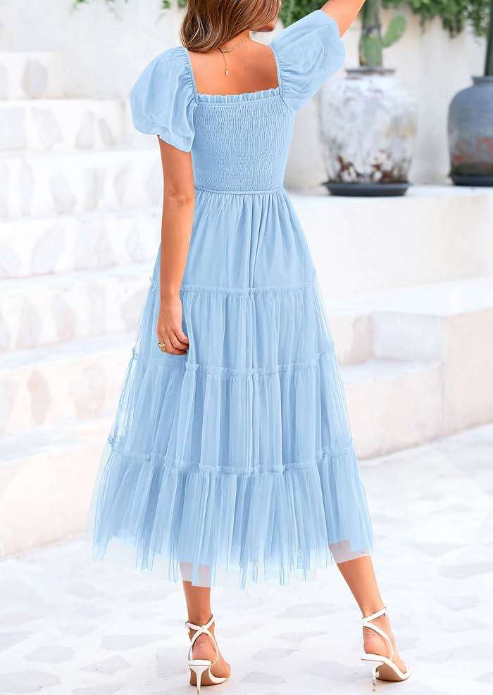 PRETTYGARDEN Women's Smocked Midi Tulle Dress 2026 Summer Puffy Short Sleeve Square Neck Ruffle Wedding Guest Party Dresses - Image 2