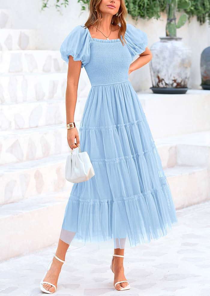 PRETTYGARDEN Women's Smocked Midi Tulle Dress 2026 Summer Puffy Short Sleeve Square Neck Ruffle Wedding Guest Party Dresses - Image 4