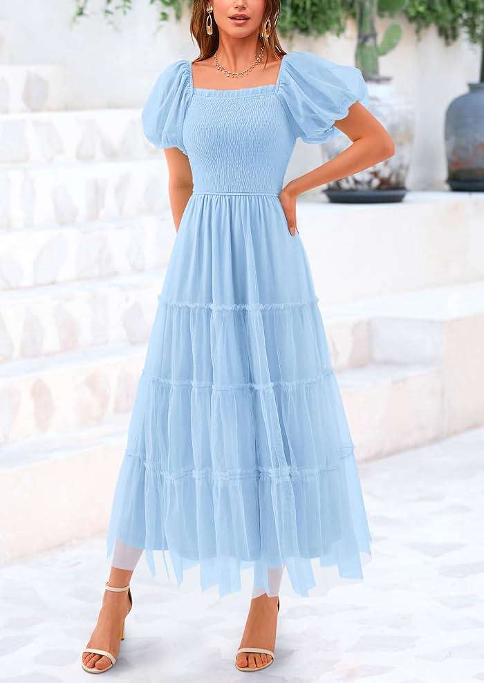 PRETTYGARDEN Women's Smocked Midi Tulle Dress 2026 Summer Puffy Short Sleeve Square Neck Ruffle Wedding Guest Party Dresses - Image 6