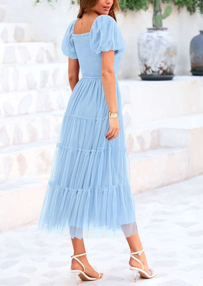 PRETTYGARDEN Women's Smocked Midi Tulle Dress 2026 Summer Puffy Short Sleeve Square Neck Ruffle Wedding Guest Party Dresses - Image 7