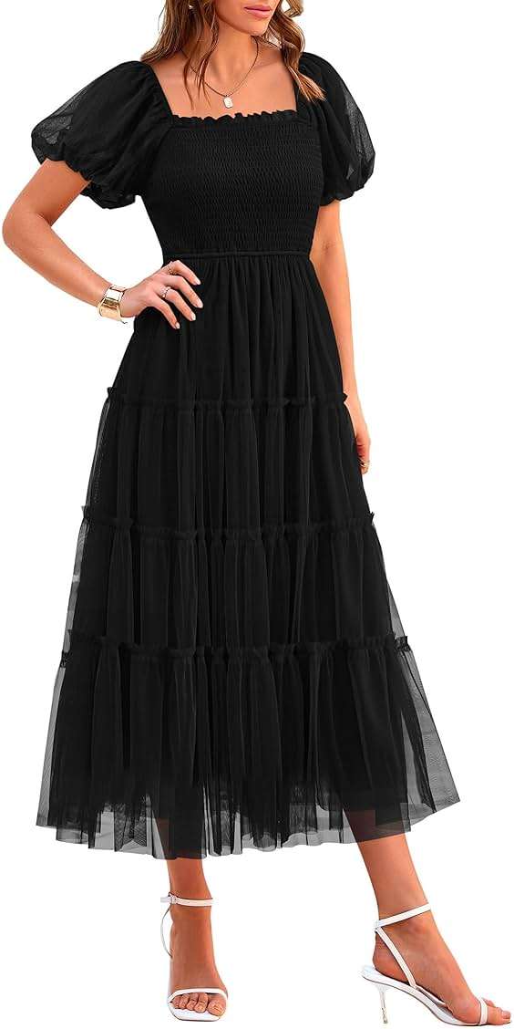 PRETTYGARDEN Women's Smocked Midi Tulle Dress 2026 Summer Puffy Short Sleeve Square Neck Ruffle Wedding Guest Party Dresses - Image 1