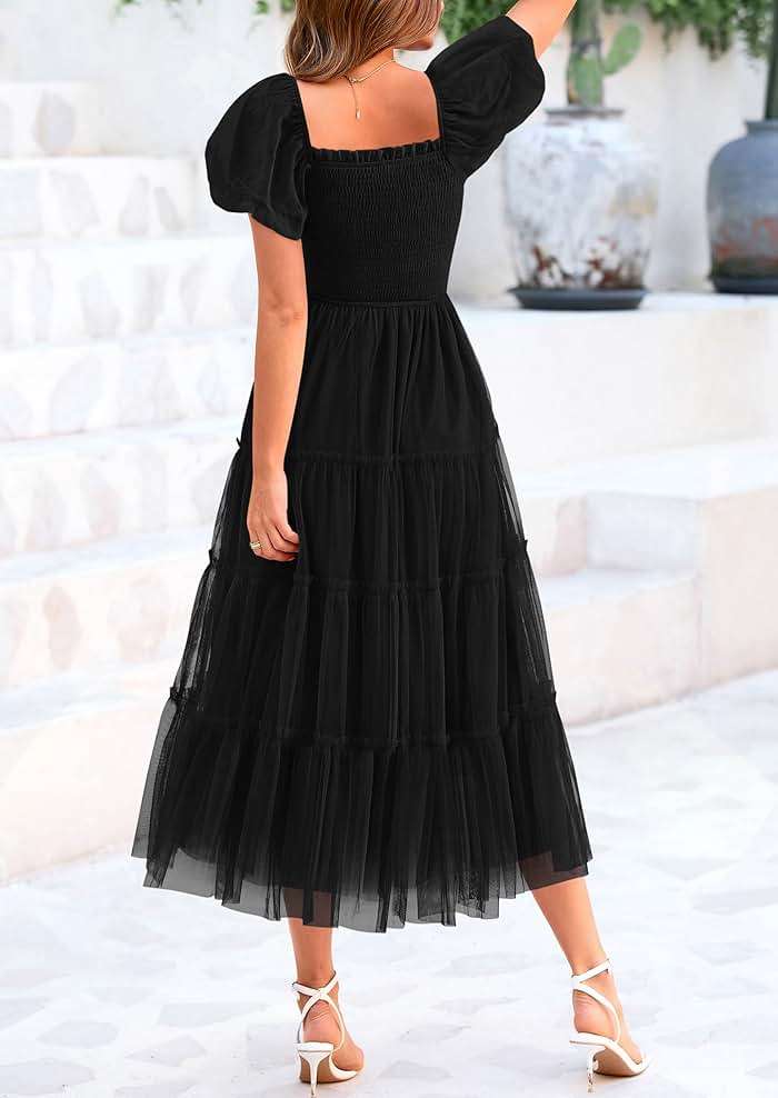 PRETTYGARDEN Women's Smocked Midi Tulle Dress 2026 Summer Puffy Short Sleeve Square Neck Ruffle Wedding Guest Party Dresses - Image 2