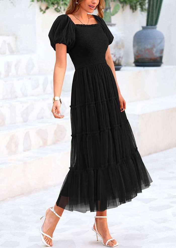 PRETTYGARDEN Women's Smocked Midi Tulle Dress 2026 Summer Puffy Short Sleeve Square Neck Ruffle Wedding Guest Party Dresses - Image 3