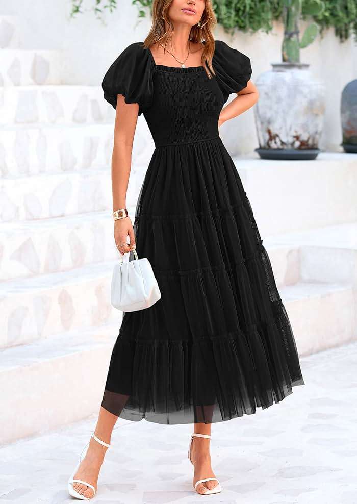 PRETTYGARDEN Women's Smocked Midi Tulle Dress 2026 Summer Puffy Short Sleeve Square Neck Ruffle Wedding Guest Party Dresses - Image 4