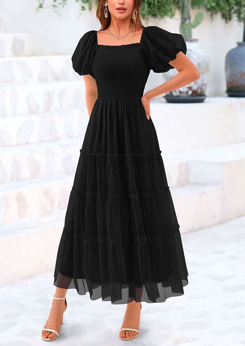 PRETTYGARDEN Women's Smocked Midi Tulle Dress 2026 Summer Puffy Short Sleeve Square Neck Ruffle Wedding Guest Party Dresses - Image 6