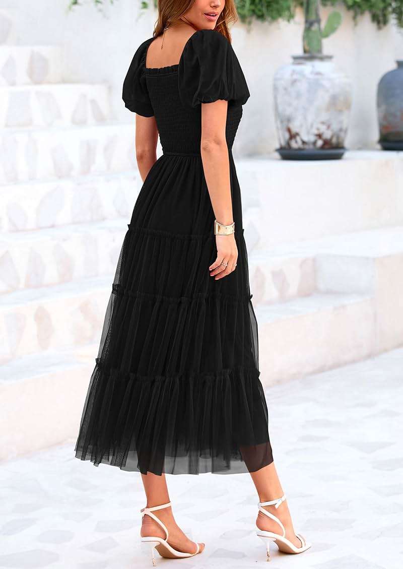 PRETTYGARDEN Women's Smocked Midi Tulle Dress 2026 Summer Puffy Short Sleeve Square Neck Ruffle Wedding Guest Party Dresses - Image 7