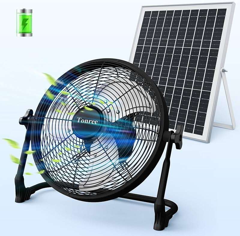 14" Portable Battery Operated Solar Fan, Rechargeable Floor Fan, Hi-Velocity Cordless Camping Fan, USB Phone Charge, 12-60H Runtime, Quiet, Wireless, For Travel Shed Outdoor Home Garage Tent Car Barn - Image 1