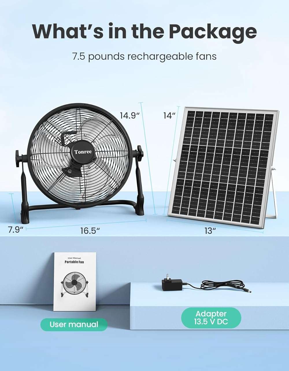 14" Portable Battery Operated Solar Fan, Rechargeable Floor Fan, Hi-Velocity Cordless Camping Fan, USB Phone Charge, 12-60H Runtime, Quiet, Wireless, For Travel Shed Outdoor Home Garage Tent Car Barn - Image 2