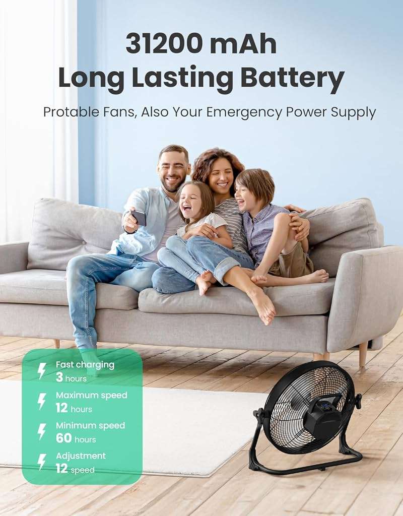 14" Portable Battery Operated Solar Fan, Rechargeable Floor Fan, Hi-Velocity Cordless Camping Fan, USB Phone Charge, 12-60H Runtime, Quiet, Wireless, For Travel Shed Outdoor Home Garage Tent Car Barn - Image 3