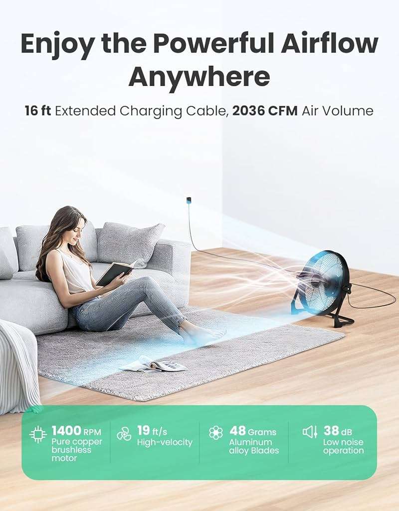 14" Portable Battery Operated Solar Fan, Rechargeable Floor Fan, Hi-Velocity Cordless Camping Fan, USB Phone Charge, 12-60H Runtime, Quiet, Wireless, For Travel Shed Outdoor Home Garage Tent Car Barn - Image 4