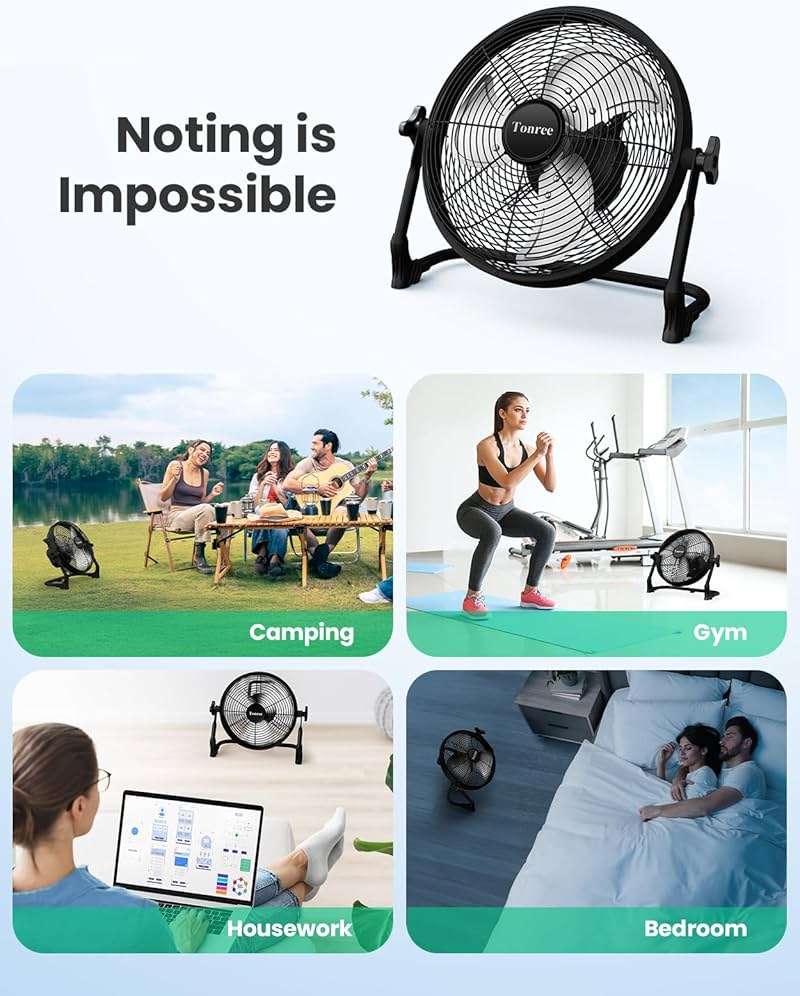 14" Portable Battery Operated Solar Fan, Rechargeable Floor Fan, Hi-Velocity Cordless Camping Fan, USB Phone Charge, 12-60H Runtime, Quiet, Wireless, For Travel Shed Outdoor Home Garage Tent Car Barn - Image 5