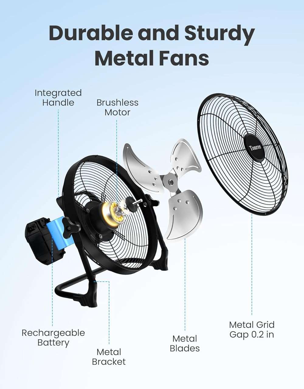 14" Portable Battery Operated Solar Fan, Rechargeable Floor Fan, Hi-Velocity Cordless Camping Fan, USB Phone Charge, 12-60H Runtime, Quiet, Wireless, For Travel Shed Outdoor Home Garage Tent Car Barn - Image 6