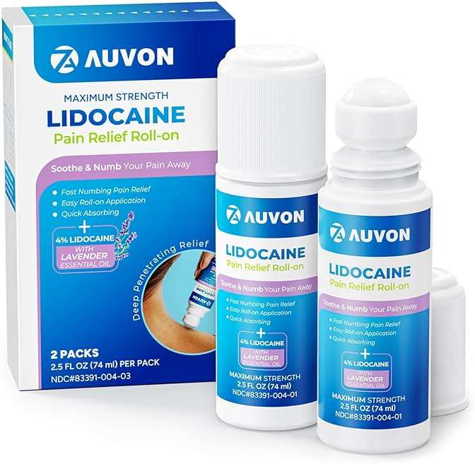 AUVON Max Strength Lidocaine Pain Relief Roll-On with Lavender Essential Oil, No Mess Applicator, Quick Absorbing to Numb & Soothe Pain Relief for Knees, Shoulders, 2.5 Oz, 2 Packs - Image 1