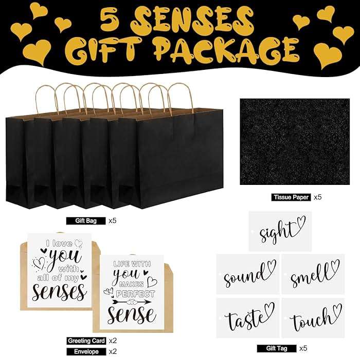 Kolldenn 5 Senses Gift Bags for Him or Her with 5 Sense Tag Kraft Paper Bags 12.6x4.3x9.8'' Sight Smell Touch Taste Sound Five Sense Bag Tissue Paper for Wedding Anniversary Father's Day(Black) - Image 3