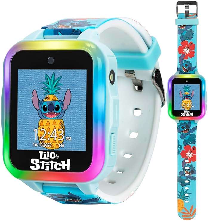 Disney Stitch Kids Interactive Smartwatch with Touchscreen, Camera, Games, Pedometer, Voice Recorder, and Alarm for Boys & Girls Aged 6+ - Blue Character Band, Multi-Color LED Light-Up Bezel - Image 1